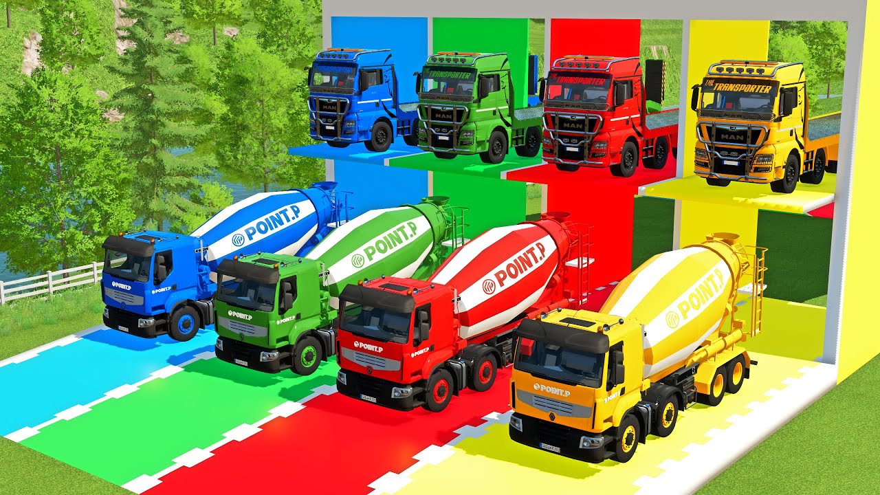 TRANSPORTING EXCAVATOR, MIXER TRUCK, BULLDOZER, POLICE CARS TO GARAGE WITH MAN TRUCK - FS22