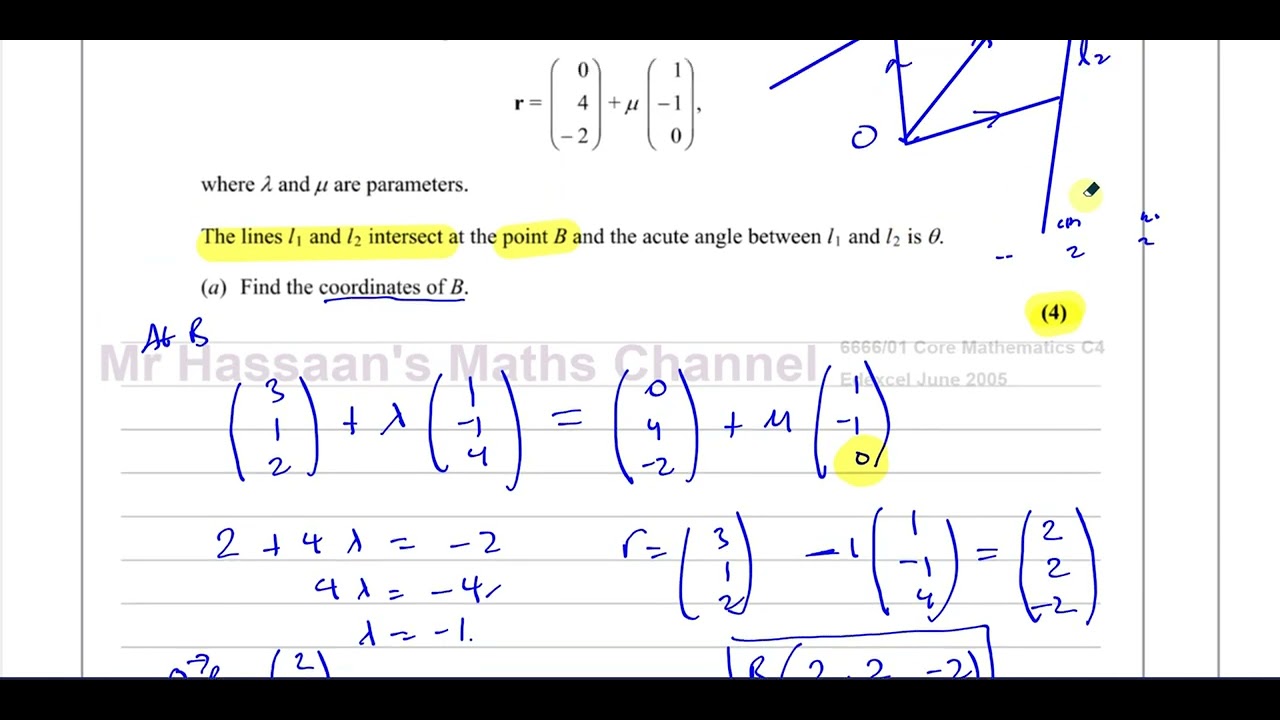 [P4] 6666/01, Edexcel, C4, (GCE), June 2005, Q7, Vectors, Intersection, Angle, Parallelogram