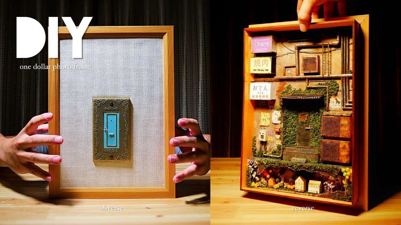 DIY☺︎miniature antique alley world in photo frame ドアを開けると路地裏に繋がっていました。電飾看板(Light sign)、トタン屋根etc~の作り方