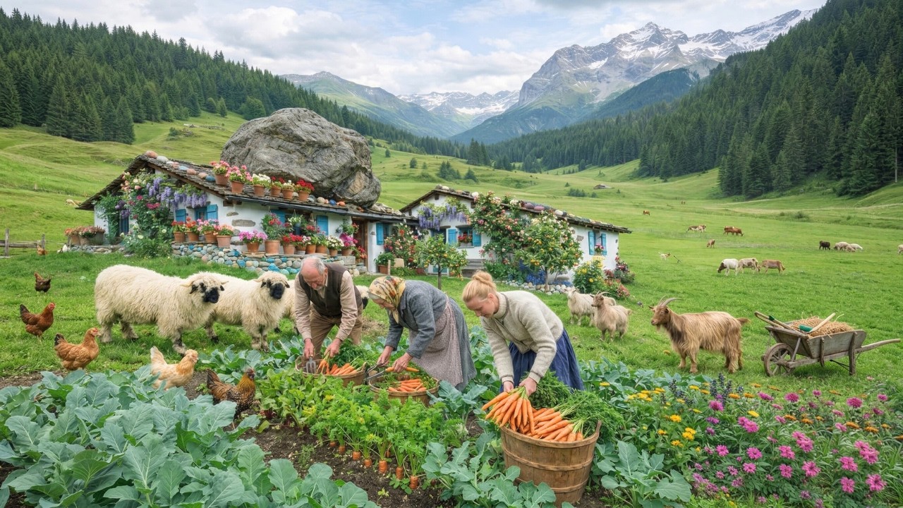 Peaceful Countryside Garden Harvest - Fruits and Vegetables, Feeding Animals, Simple Farm Life
