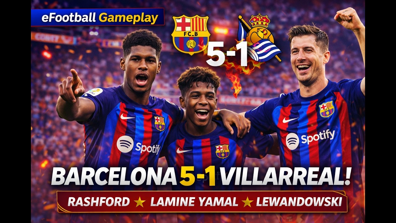 Barcelona 5–1 Villarreal | Rashford, Lamine Yamal & Lewandowski Dominate! | eFootball Gameplay 🔥