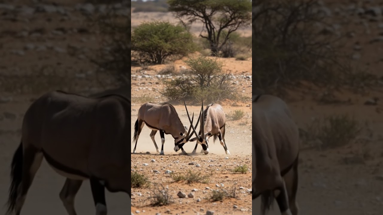 Two gemsboks locked in a dramatic desert 