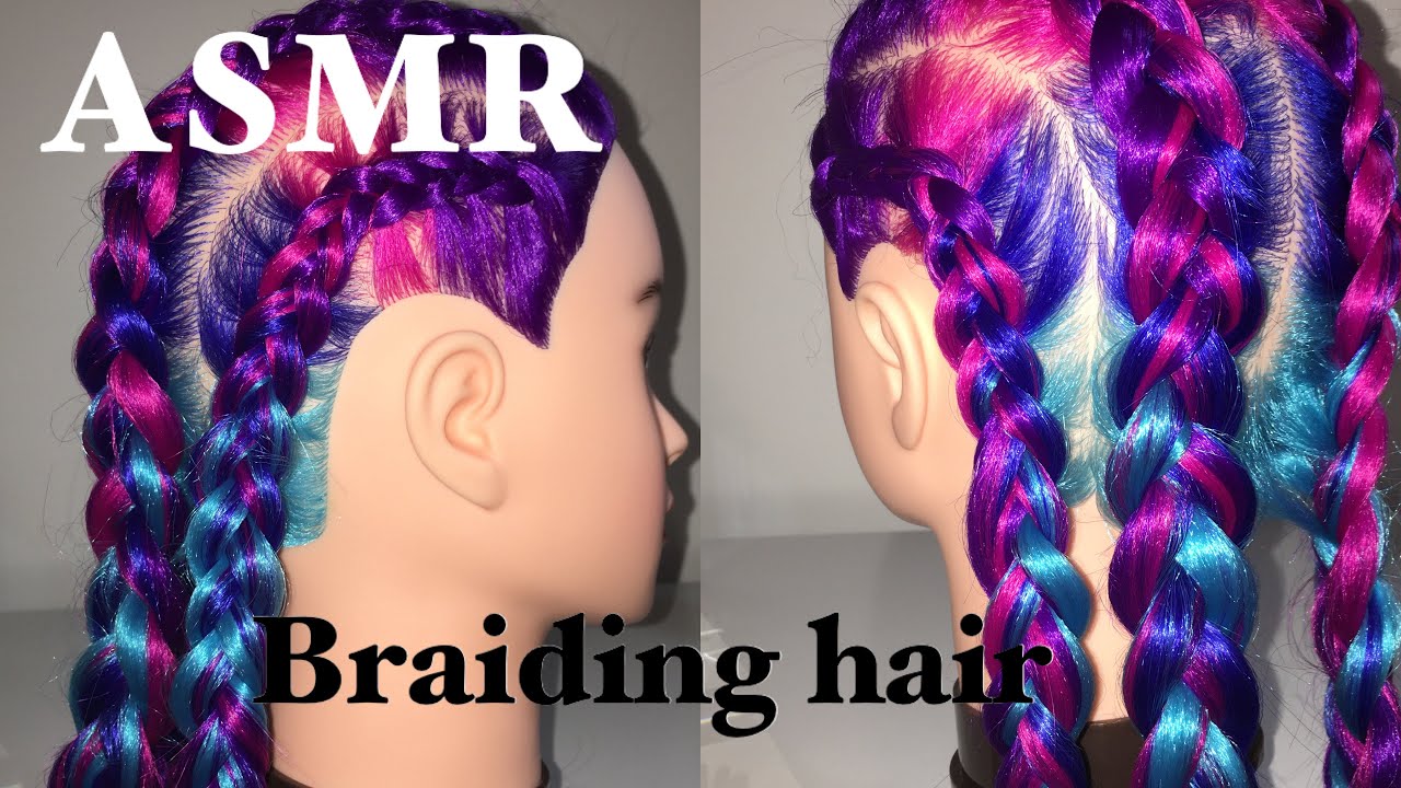 ASMR- Braiding rainbow mannequin hair- Gum chewing-soft spoken