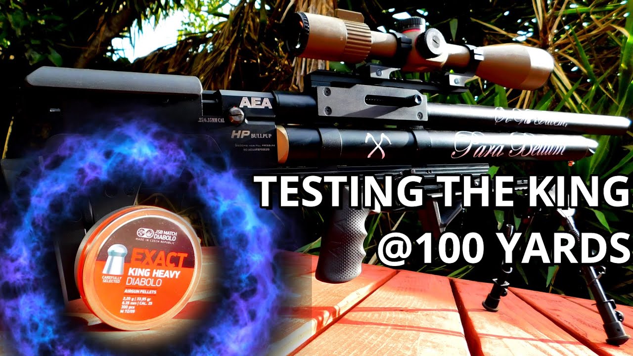 (100 YARDS) AEA HP Bullpup .25 Cal TESTS 33.95 JSB EXACT KING HEAVY PELLETS! Semi Auto PCP Air Rifle
