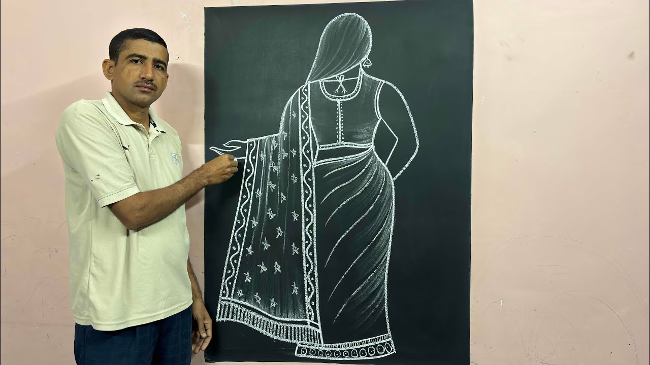 Learn to draw a back side drawing of a woman wearing a saree ||🫰 #womanart #chalkart #artist 
