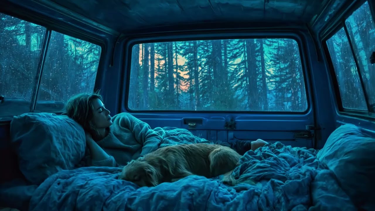 Heavy Rain & Thunder in the Forest 🌲 Sleeping in a Van with a Golden Retriever