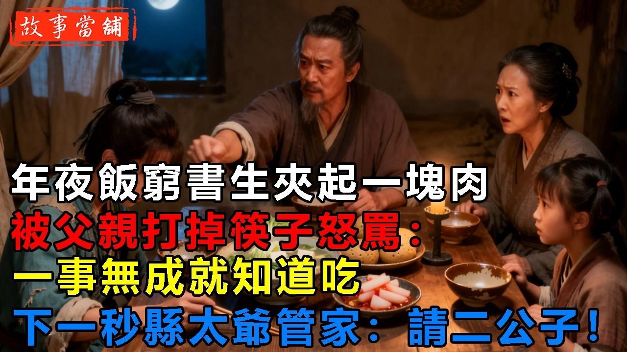 年夜飯窮書生夾起一塊肉，被父親打掉筷子怒罵：一事無成就知道吃，下一秒縣太爺管家：請二公子！| 民間故事 | 故事當舖