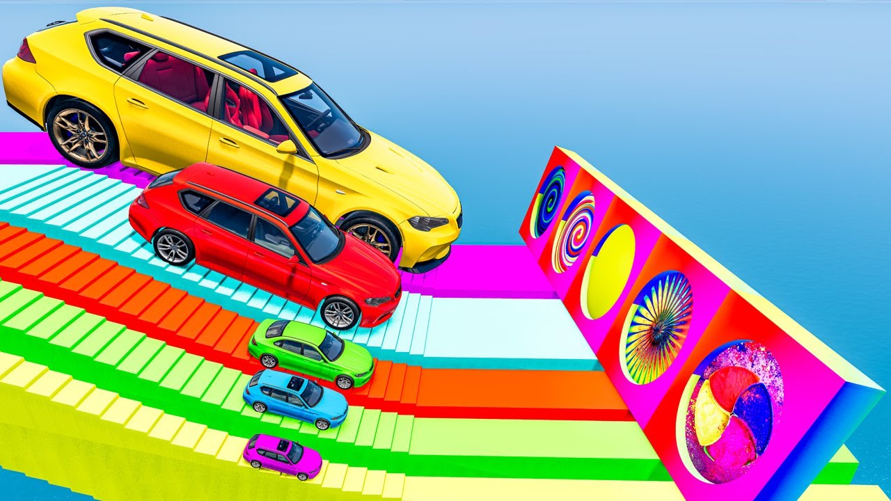 Giant & Small Cars vs Portal Trap with Stairs Colors – Cars vs Train vs Goons – BeamNG.Drive