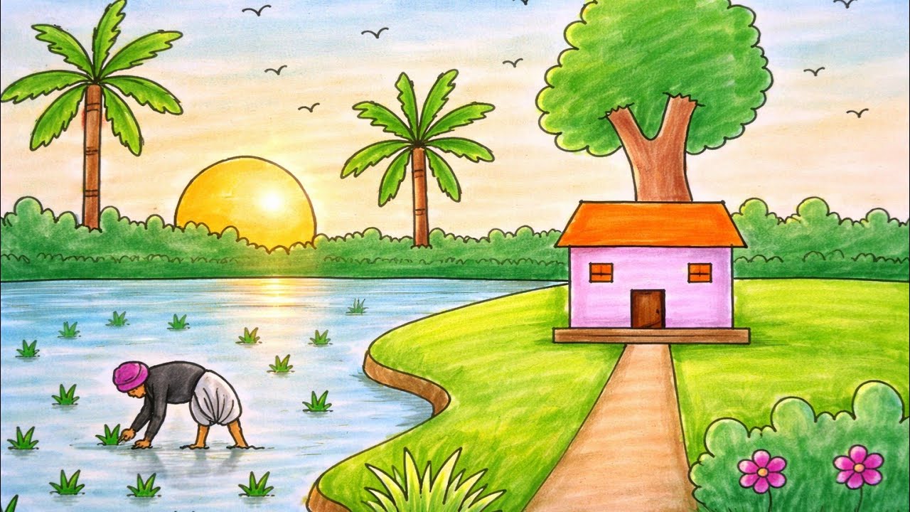 Art&Craftwithme is live Paddy fields with farmers scenery drawing 