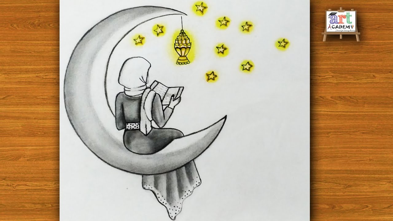 رسم رمضان 2021 | رسم بنت تجلس علي هلال رمضان بالقلم الرصاص للمبتدئين | رسم بنات  | رسم سهل