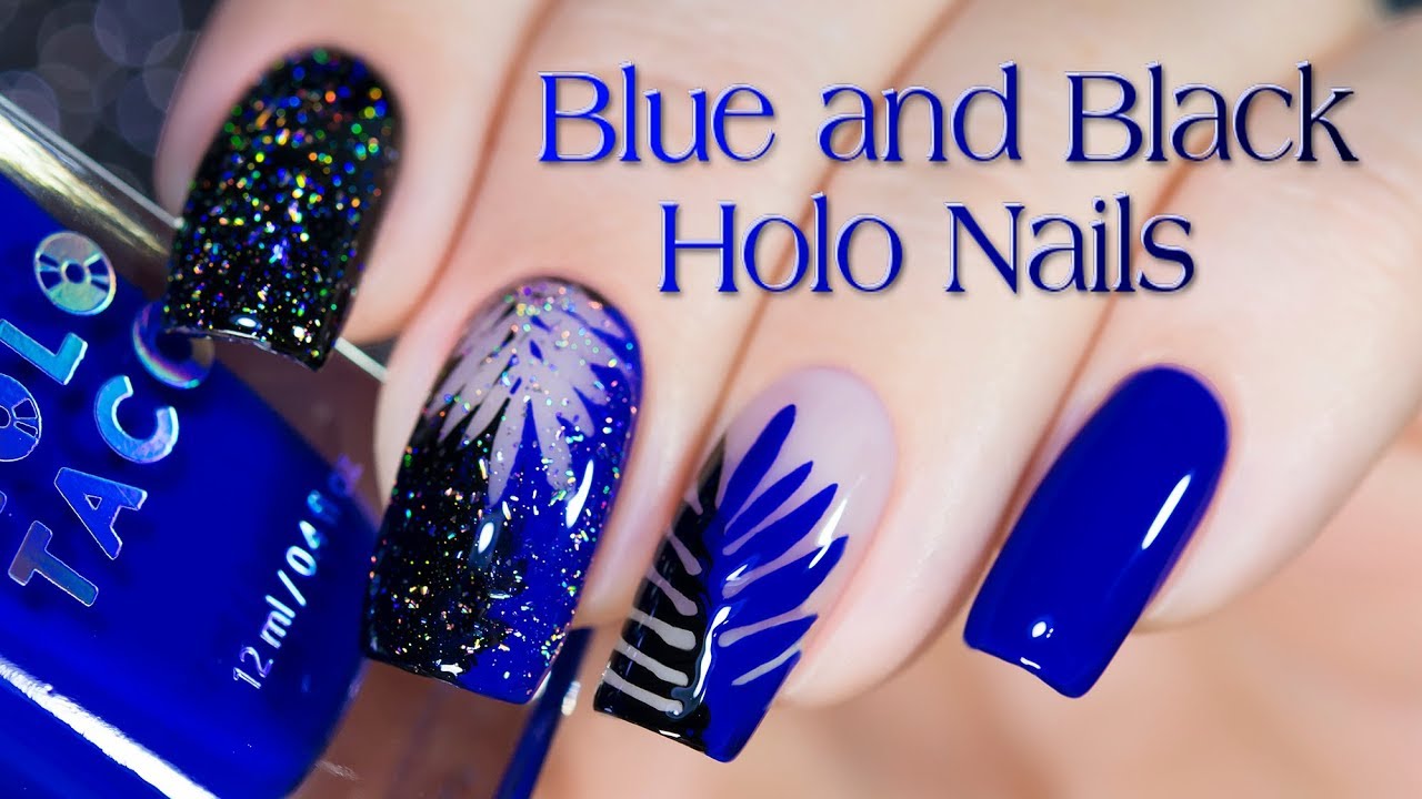 Blue and Black Holo Nails with 