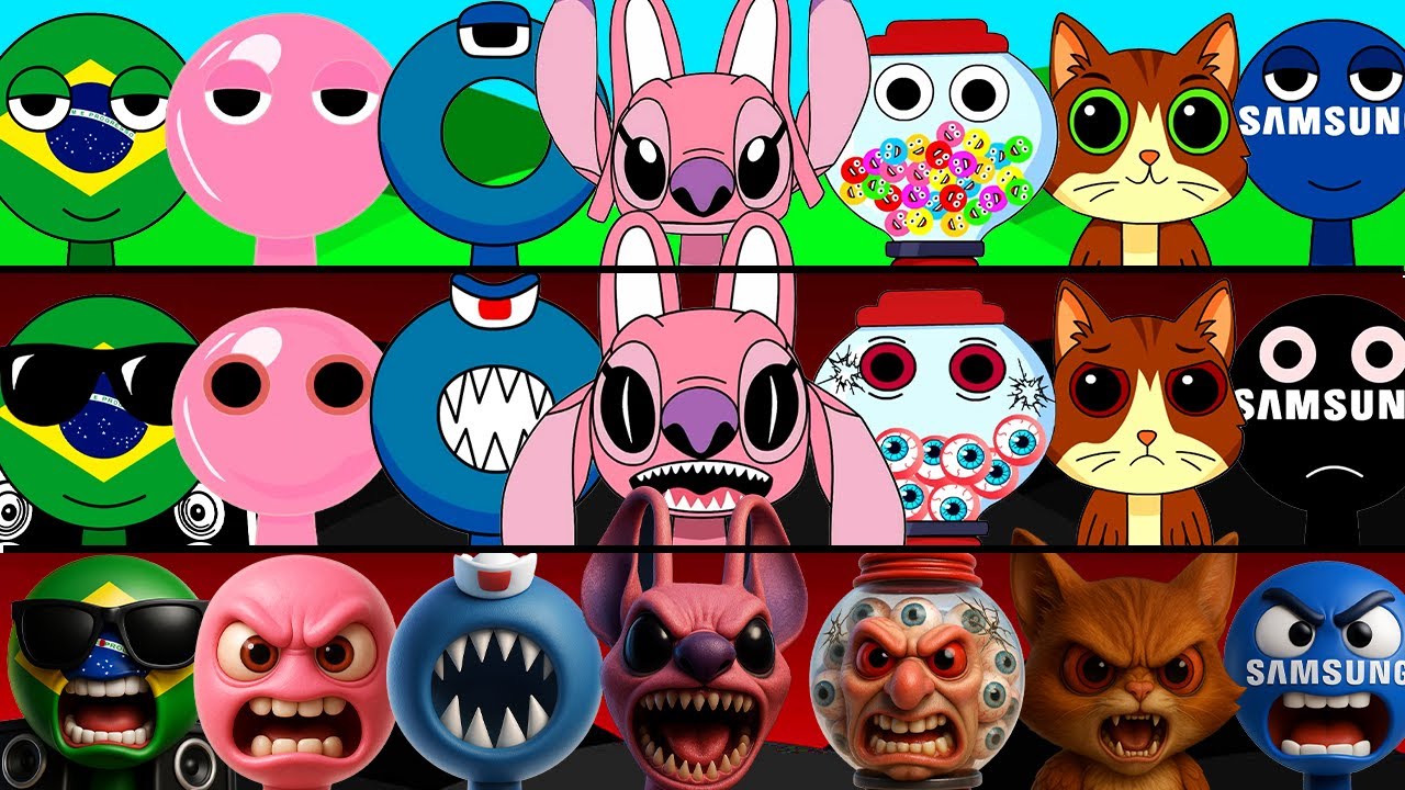 Incredibox Sprunki OC Phase 1 to Phase 3 Stitch Angel, Brazil, RAVEN, Q, Feastables, Stitch Angel