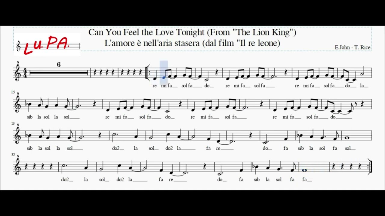 Can You Feel the Love Tonight - L'amore è nell'aria stasera - Flauto - Note - Spartito - Karaoke