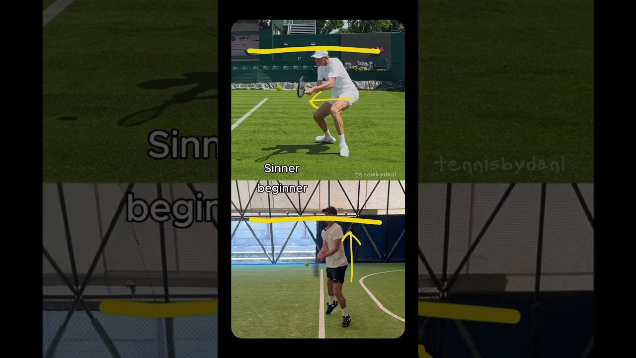 Sinner footwork vs Beginner👇 breakdown 1 – stance  Sinner stays low with bent legs, like his he