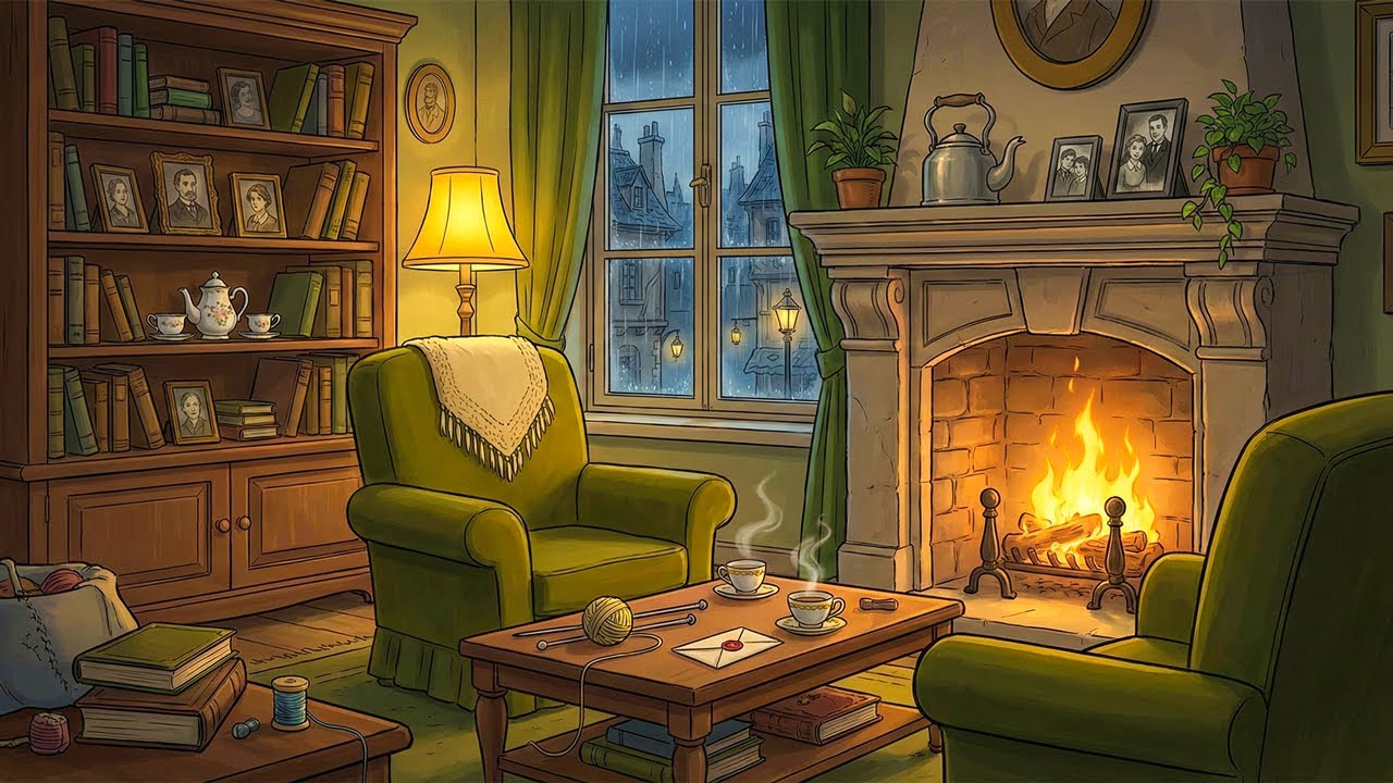 rainy night in a 1950s cozy cottage with oldies playing in another room and rain sounds to relax