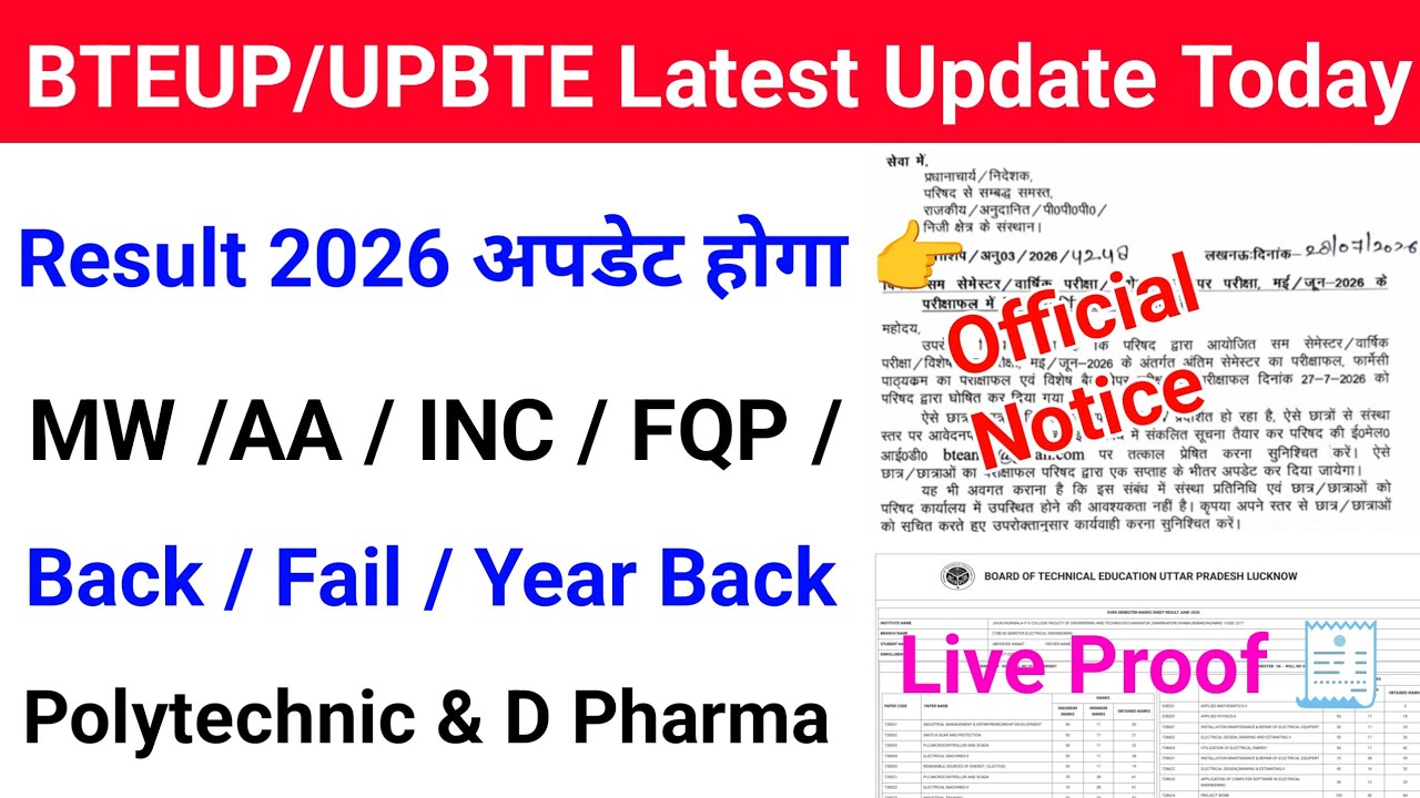 Bteup Result 2026 अपडेट होगा | Bteup Result 2026 में MW / AA / INC / FQP / Back / Fail / Year Back 