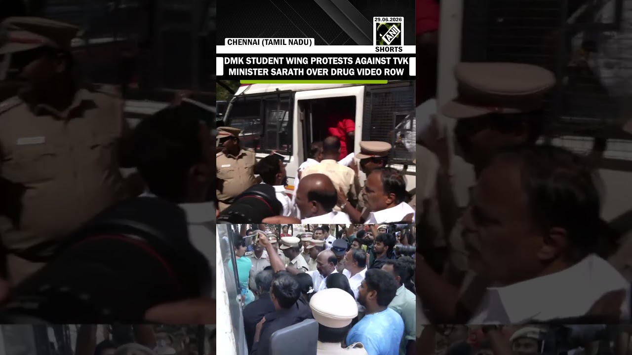 DMK student wing protests against TVK Minister Sarath over drug video row in Chennai