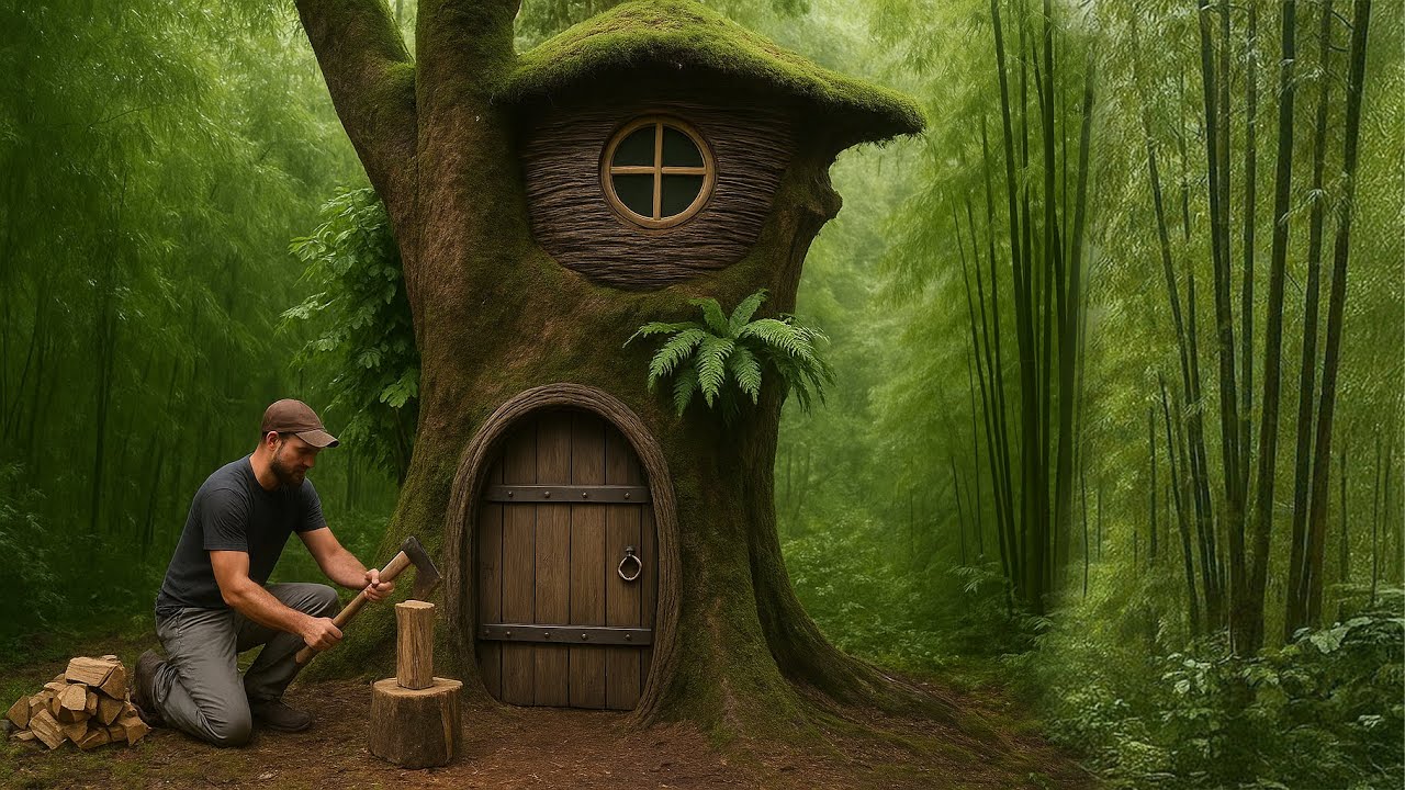 Building a Hidden Shelter INSIDE a GIANT Hollow Tree | Survival Lee