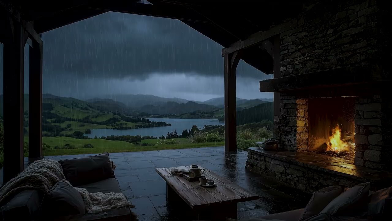 Heavy Rain on the Cabin Roof 🔥| Cozy Mountain Fireplace Ambience for Deep Sleep
