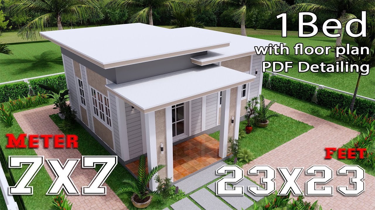Small House Plan 7x7 Full Detailing 1 Bedroom Flat Roof
