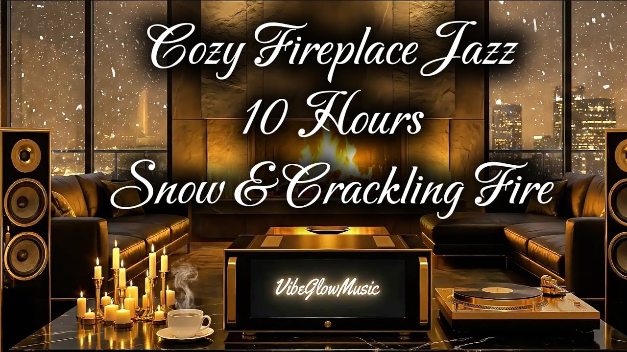Cozy Fireplace Jazz Smooth Saxophone & Crackling Fire with Snowfall Relaxing Winter Music (10 Hours)