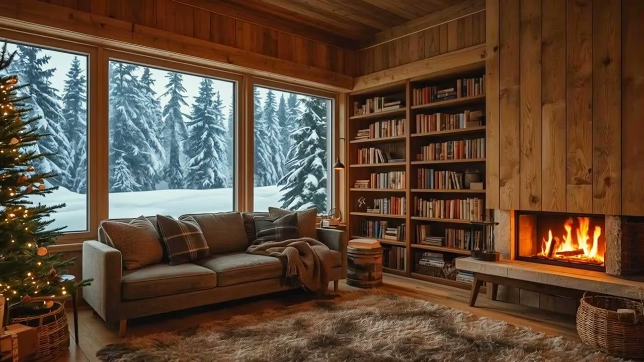 Crackling Fire in a Snowy Cabin | Warm Ambience for Relaxation