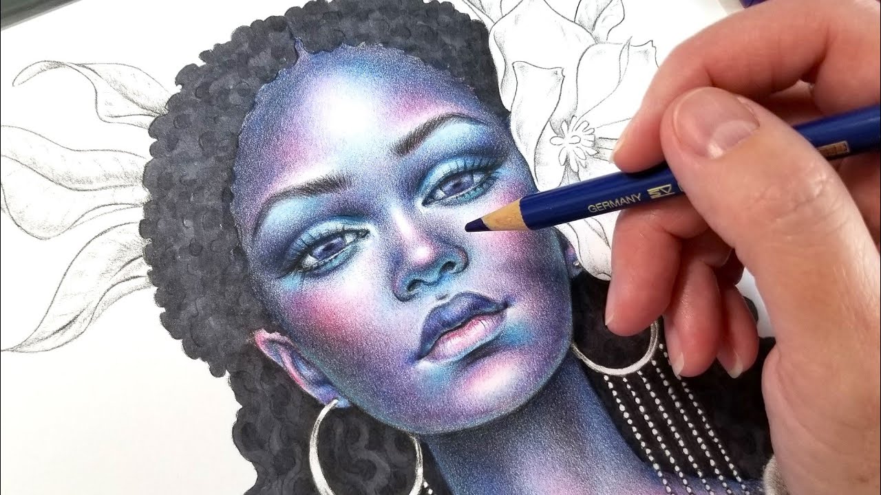 Coloring Fantasy Portrait Illustration with Colored Pencils & Ink Markers #coloring Christine Karron