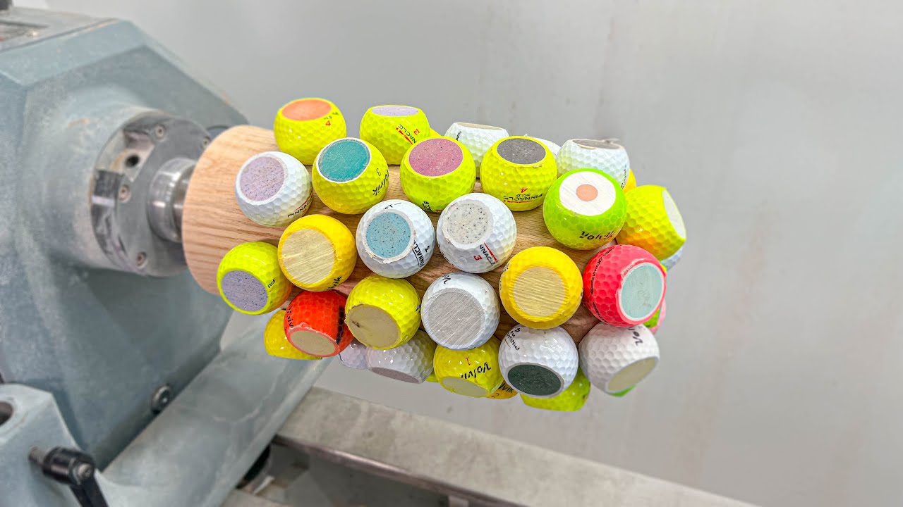 Crazy golf ball transformation on a woodturning lathe