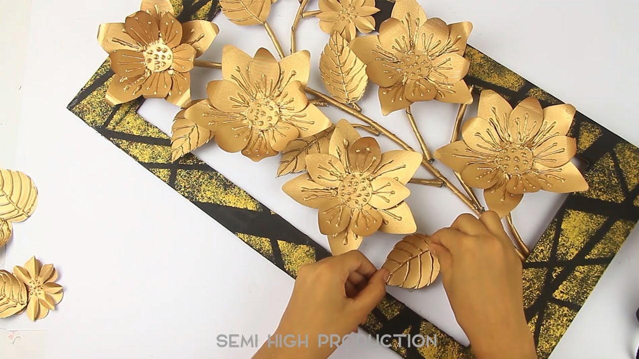 Golden wall hanging paper crafts | How To Make Paper Flower Origami | Room Decoration
