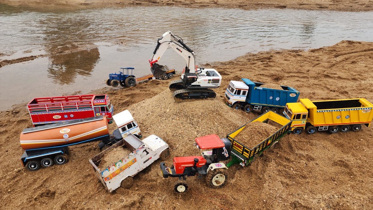 Excavator Sand Loading in River Tata Dumper Truck, Rc Swaraj Tractor | Toy Pur