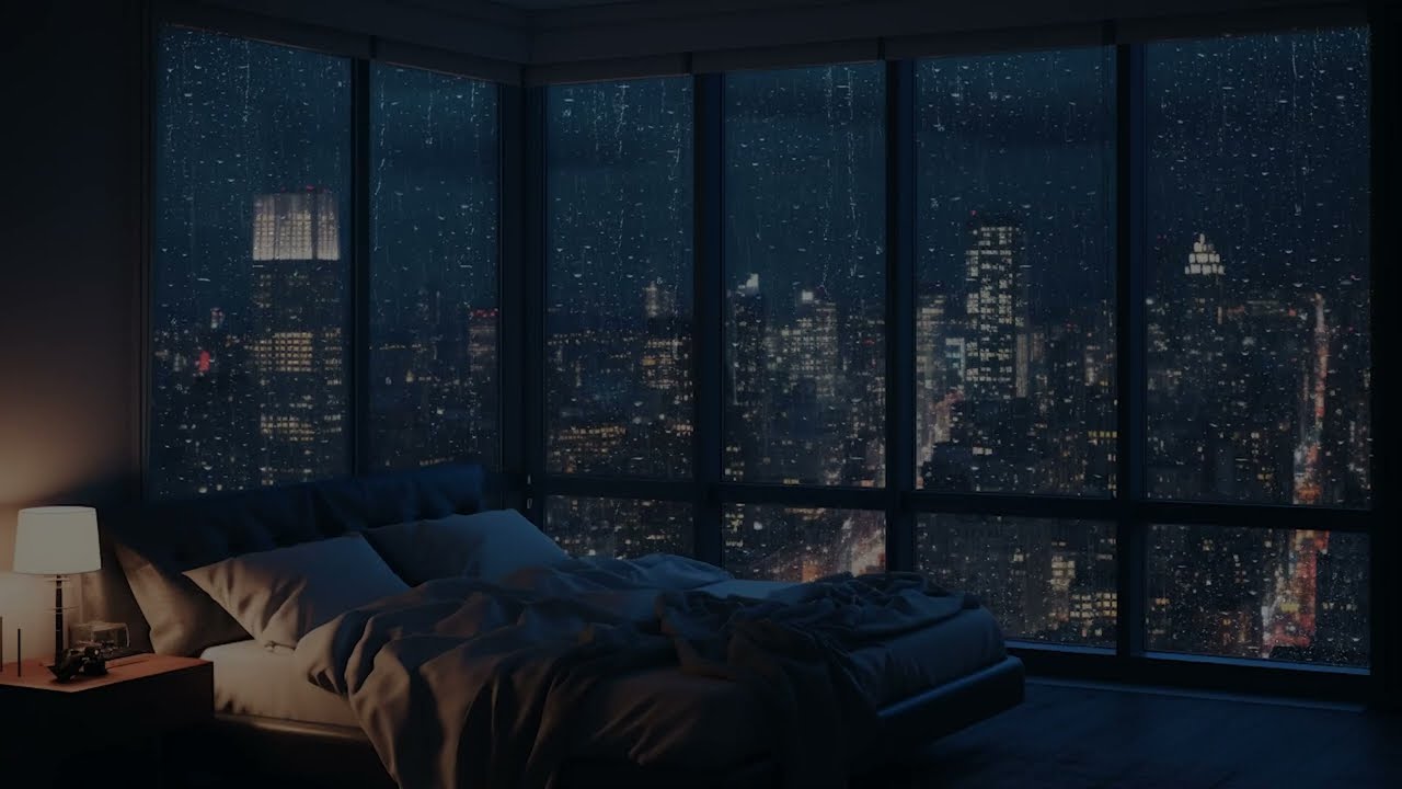 Rainy New York City Ambience: Steady Rain Sounds Against High-Rise Window for Stress Relief & Zen