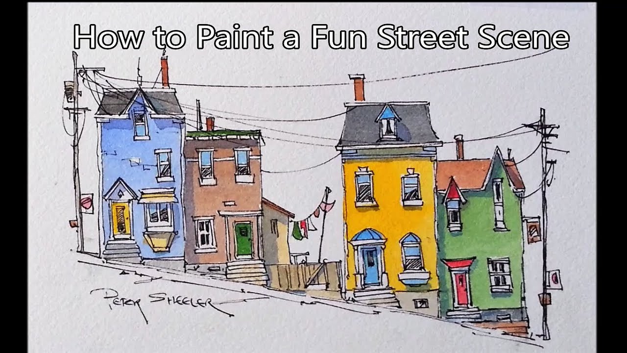 How to paint a Fun Street Scene Line and Wash Watercolor. Peter Sheeler