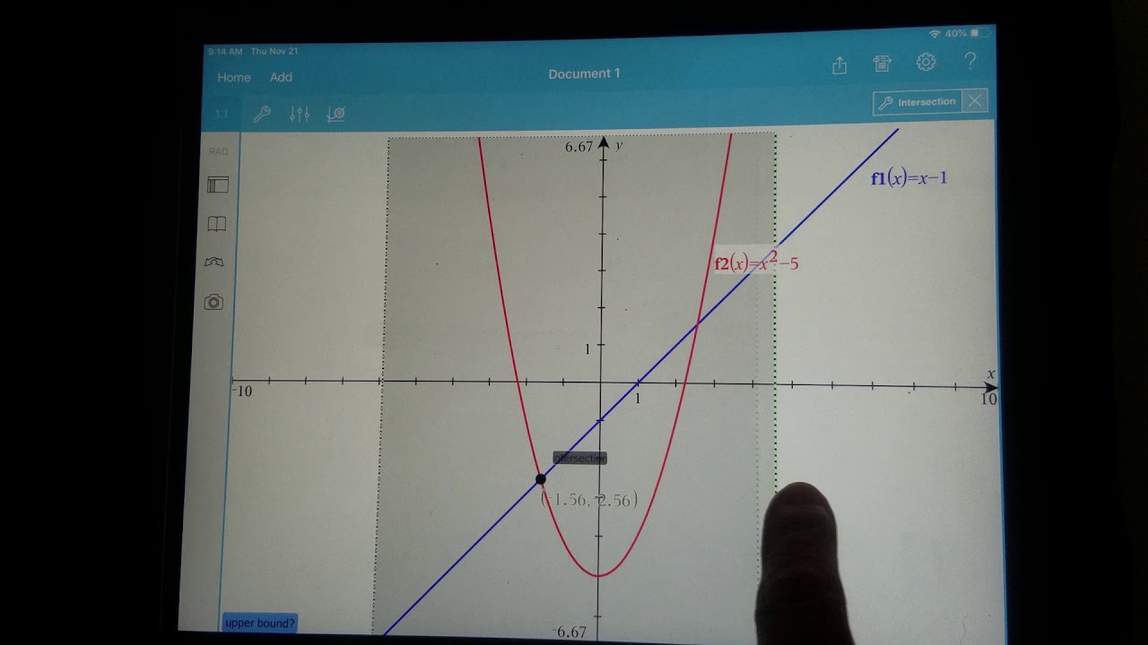 How to use the TI-Nspire calculator iPad app to find intersection points on a graph