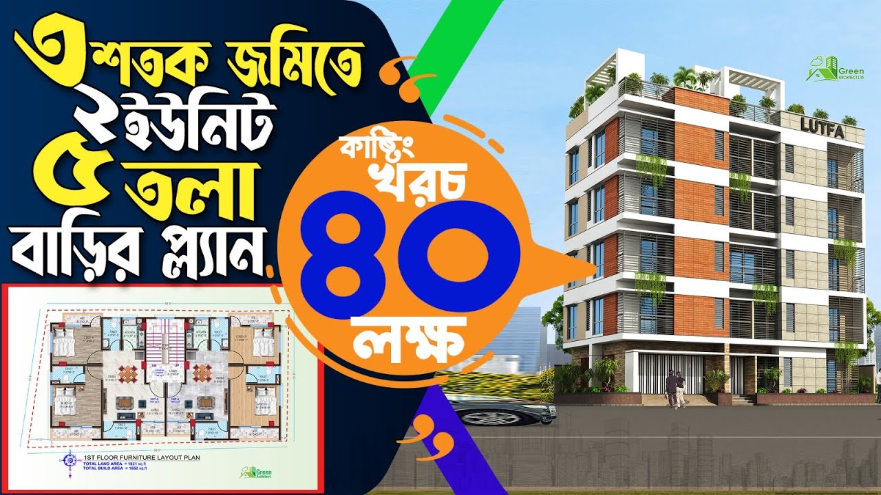 ৩ শতক জমিতে ২ ইউনিট ৫ তলা বাড়ির প্লান কাস্টিং খরচ ৪০ লক্ষ| 5 storied Building plan design with cost