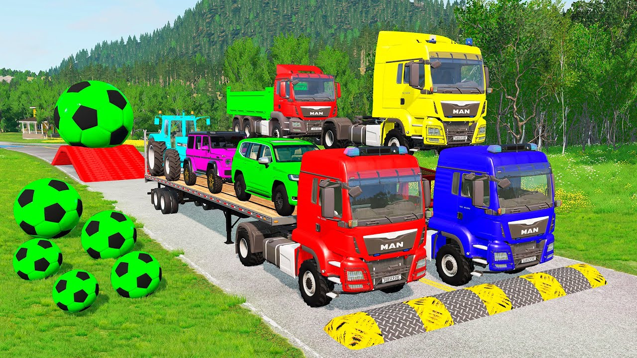 Triple Flatbed Trailer McQueen Transportation with Truck - Speedbumps vs Cars vs Train - BeamNG #3