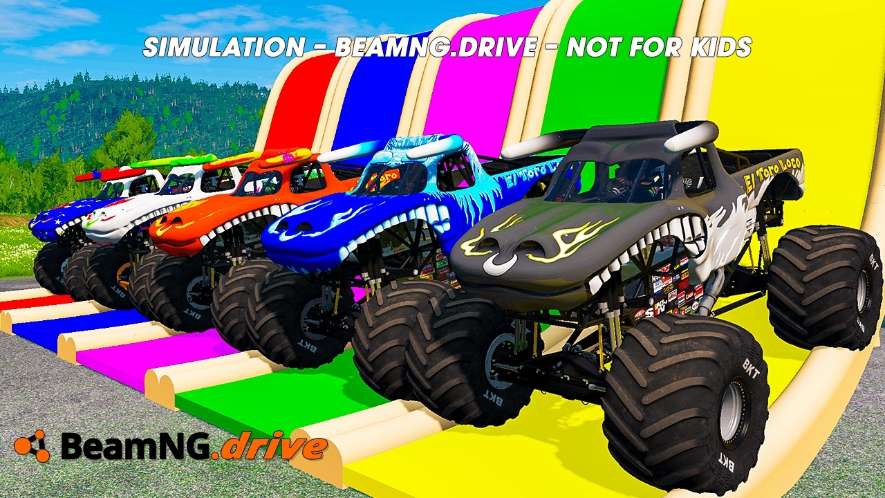 5 MONSTER TRUCKS  vs GIANT COLOR WATER SLIDE #070 - BeamNG.Drive