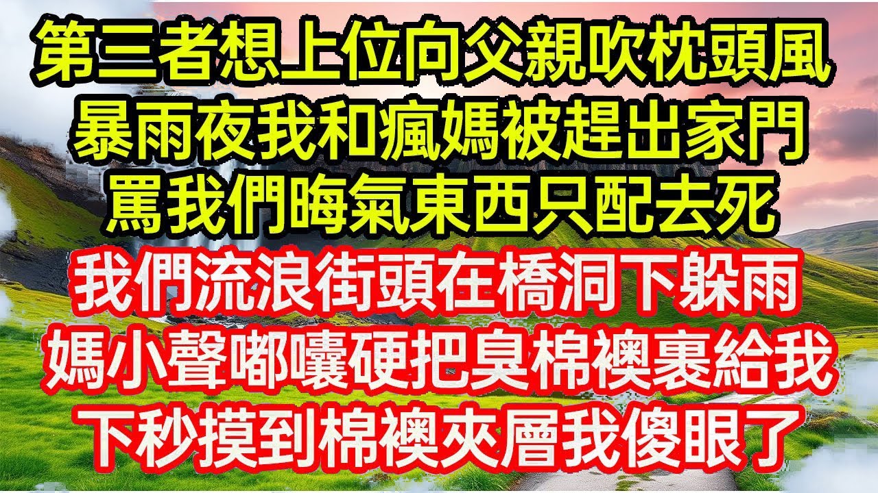 第三者想上位向父親吹枕頭風，暴雨夜我和瘋媽被趕出家門，罵我們晦氣東西只配去死！我們流浪街頭在橋洞下躲雨，媽小聲嘟囔硬把臭棉襖裹給我，下秒摸到棉襖夾層我傻眼了...