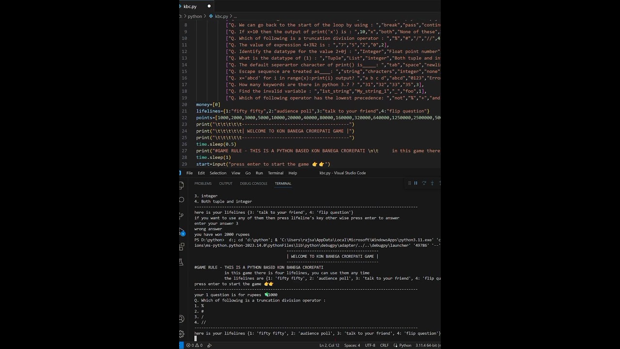 KBC GAME BY PYTHON | PYTHON CODE | STUDENT 'S WORK | BY SANAM RAJ #motivation #games  #pythontricks
