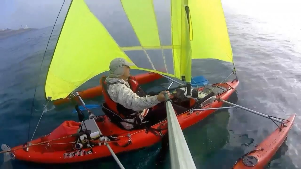 Kayak Tarpon 120 con vela mayor y foque. Kayak Sailing.