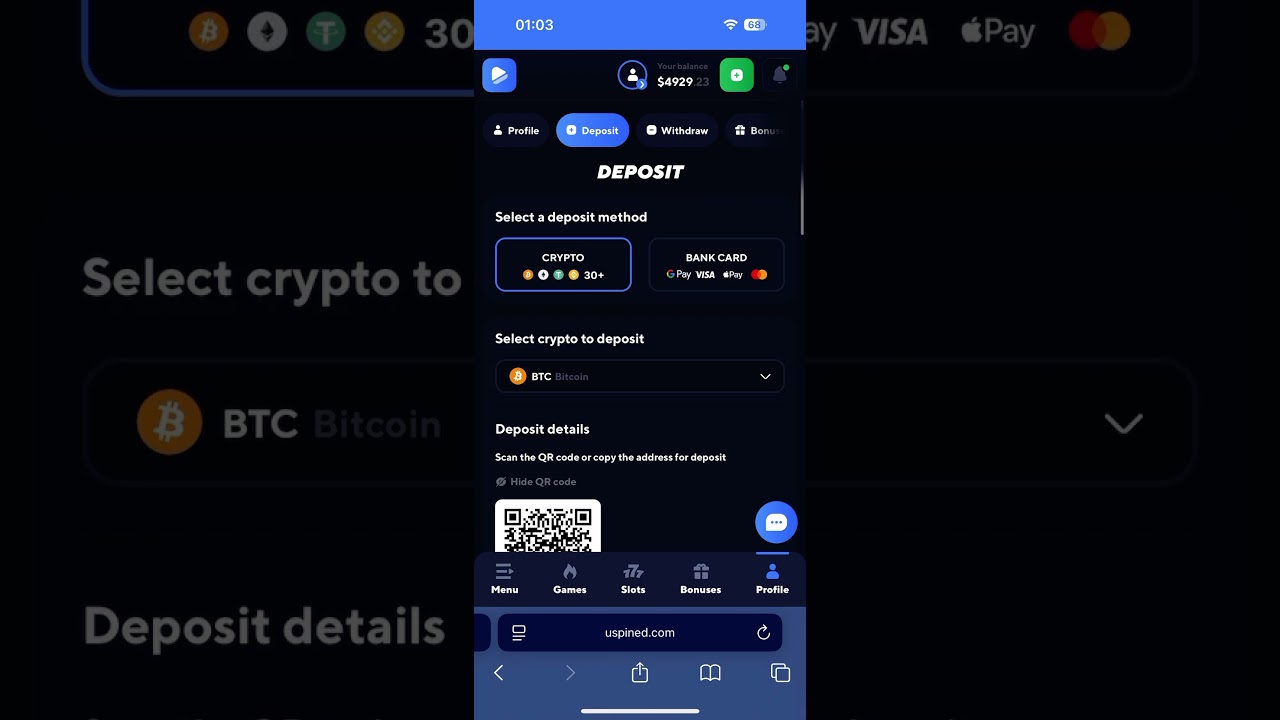 Withdrawal scam. Btc crypto gambling Uspined.com is a scam scam scam. Please do not deposit money