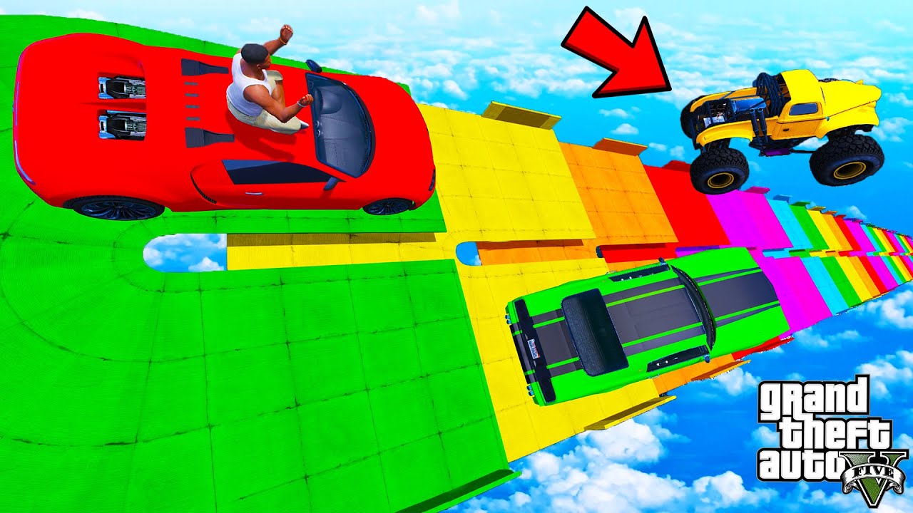 FRANKLIN TRIED IMPOSSIBLE COLOURFUL SLOPE JUMP PARKOUR RAMP CHALLENGE GTA 5 | SHINCHAN and CHOP