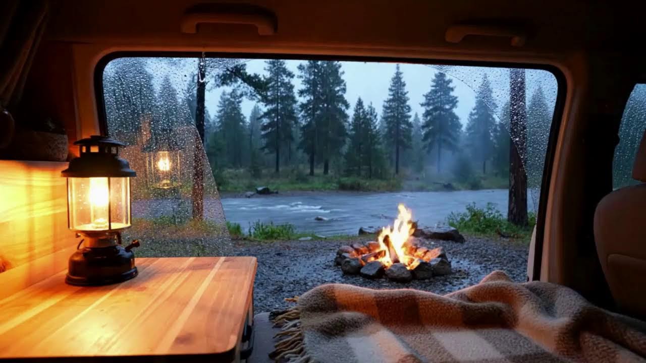 Peaceful Rainy Forest Camping 🌧️ Campfire by River Relaxing Nature Sounds for Sleep