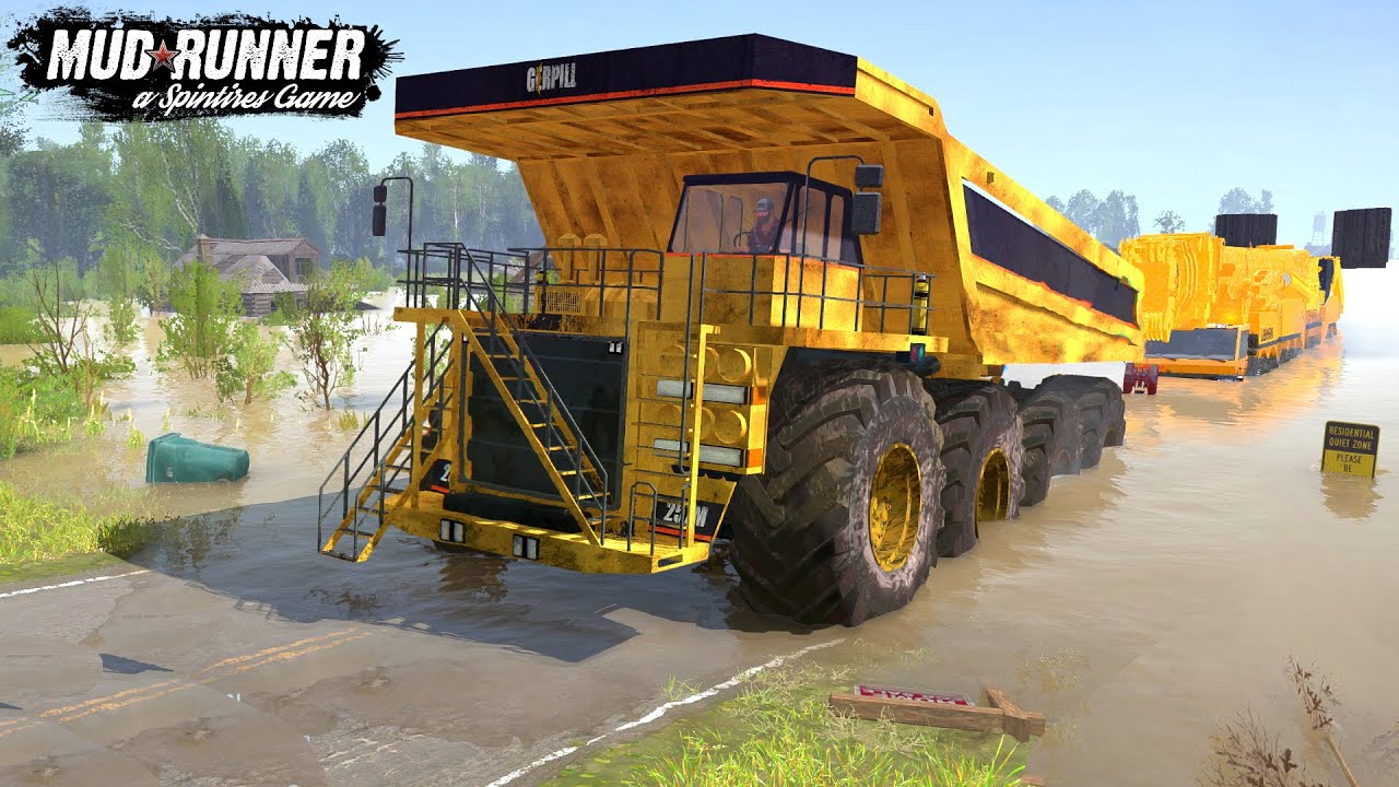 Spintires: MudRunner - Giant Dump Truck is Towing a Big Liebherr Crane Through Flood In City