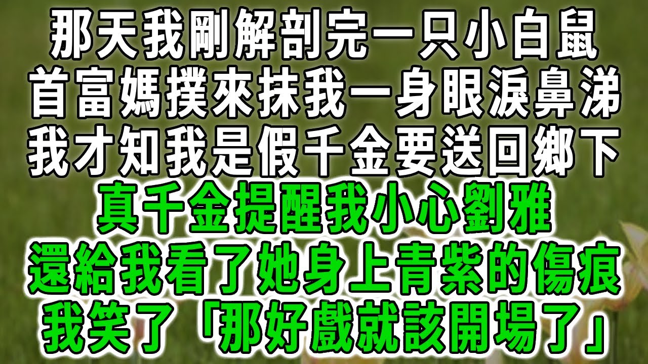 那天我剛解剖完一只小白鼠，首富媽撲來抹我一身眼淚鼻涕，我才知我是假千金要送回鄉下，真千金提醒我小心劉雅，還給我看了她身上青紫的傷痕，我笑了 ｢那好戲就該開場了｣#情感故事 #唯美頻道 #爽文