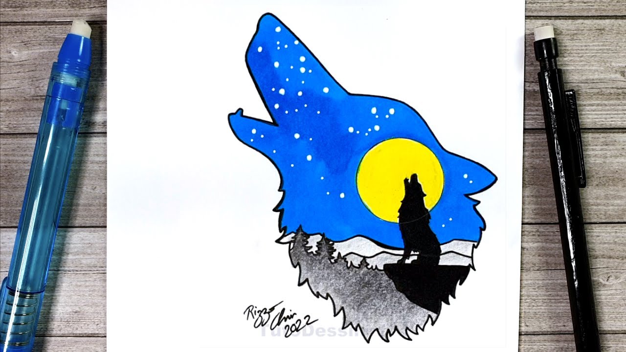 Superbe Dessin facile | Comment Dessiner un Loup pendant la pleine lune | Vidéo satisfaisante