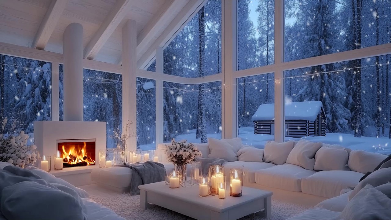 🎹💙 White Lounge Fireplace Piano | Snowy Night Window | Deep Relaxation, Study Focus & Stress Relief