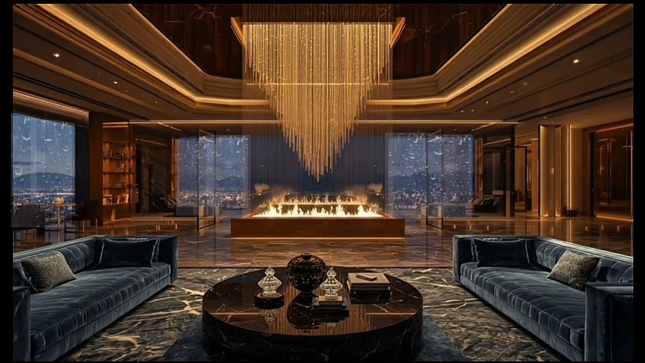 Luxury Chandelier Lounge Fireplace — 3 Hours (No Music) | Night Rain + Ember Crackles | Study, Focus