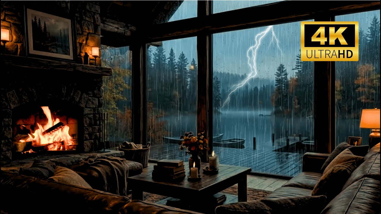 4K Kaminfeuer in der Waldhütte – Regen, Gewitter & tiefe Entspannung 🔥🌧️