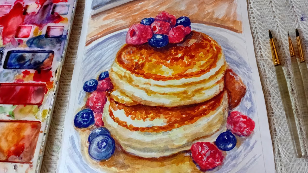 (ASMR) Painting Realistic Food [Buttermilk Pancakes 🥞🍓] with Watercolors 🎨 | Cozy Art Vlog☘️