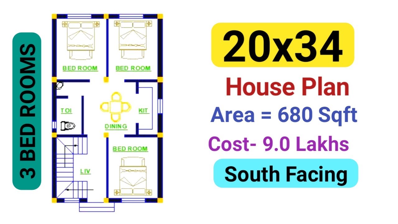20*34 sqft Building plans design  | 20x34 House Plan Design | 680 SQFT 3BHK MAKAN KA NAKSHA